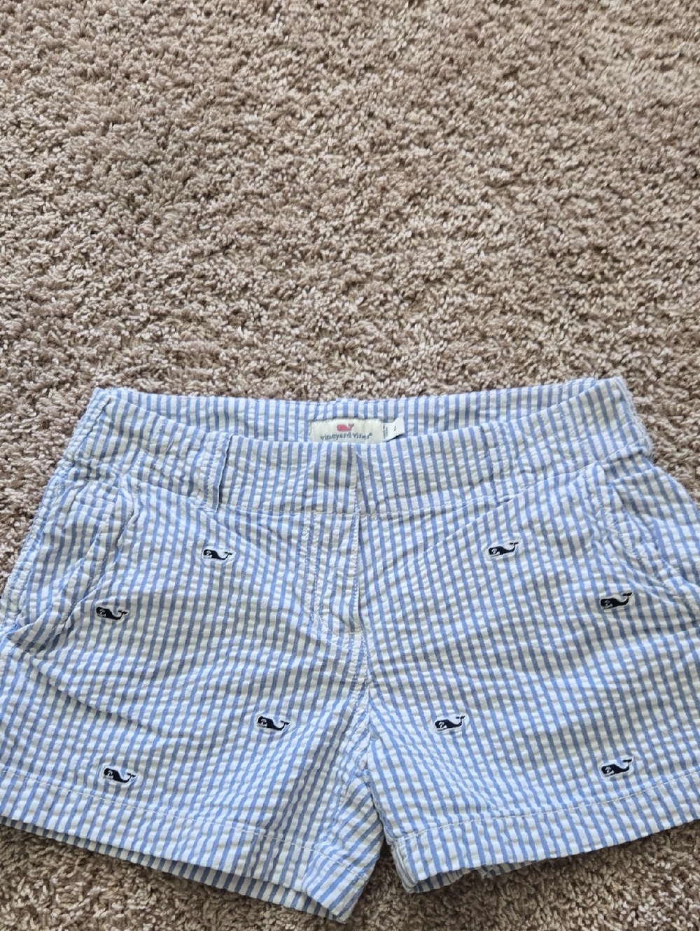 Vineyard Vines Light Blue and White Seersucker Whale-Embroidered  Shorts